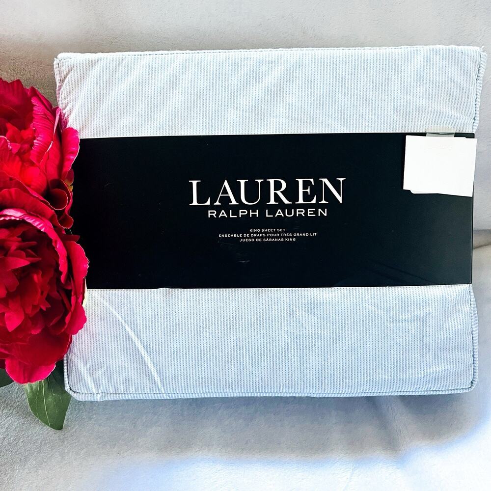 NEW Ralph Lauren Cotton Deep Fitted Sheet Set Blue White Oxford Stripe King Size